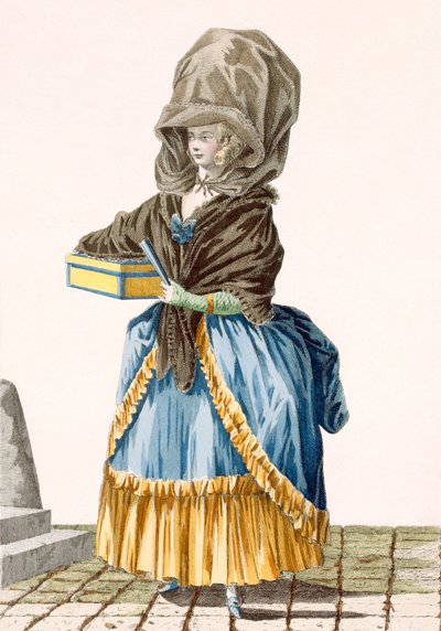 デュパンによって刻まれた、彼女の商品を売る市場の女性、「Galeries des Modes et Costumes Francais」c.1778-87 99：clothing;伝統的なドレス;伝統的な衣装;ファシ 作： Pierre Thomas Le Clerc